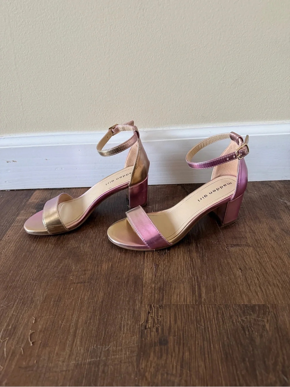 Madden Girl Iridescent Pink and Gold Ankle Strap Heels